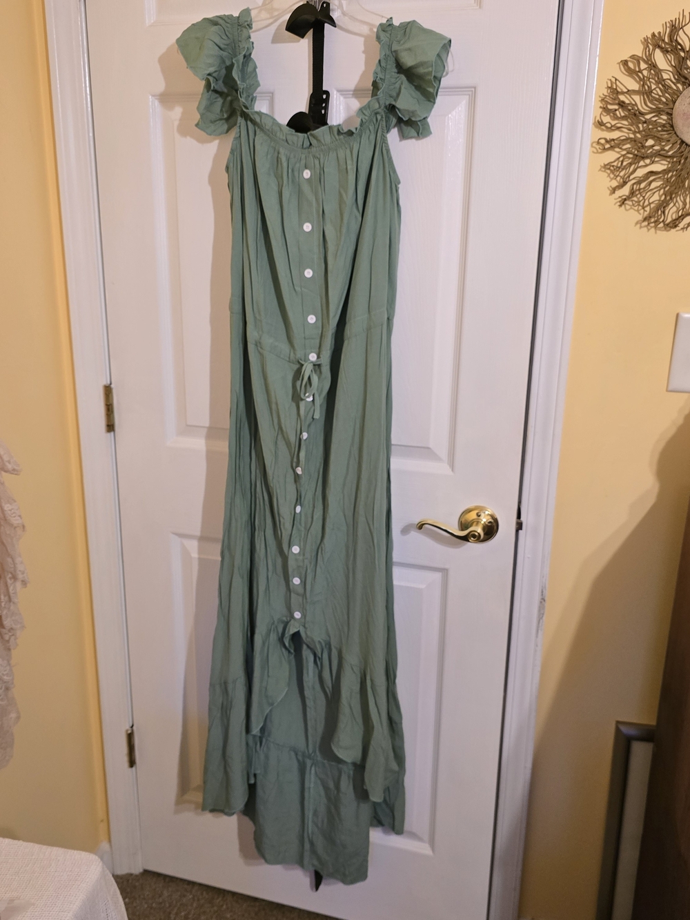 Ruffled Off Shoulder Strap Sage Green Hi/Low Maxi Dress with Faux Front Buttons